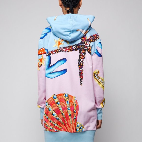 New: VERSACE Tresor De La Mer Logo Long Sleeve Hoodie Dress In Light Blue Multi, - Picture 5 of 5